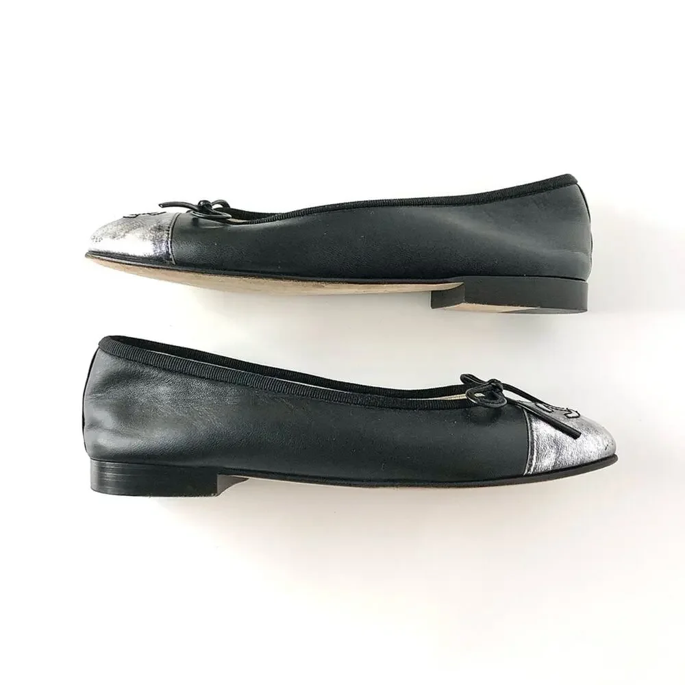 Chanel CC Logo Bow Detail Gunmetal Black Two Tone Leather Ballerina Flats 36